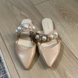 Nine West Nude Pearl-Embellished Pointed-Toe Mules